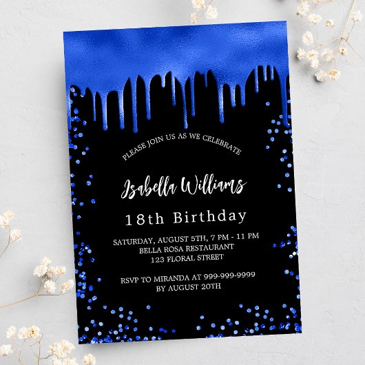 Birthday Black Royal Blue Tropfens Luxus Einladung