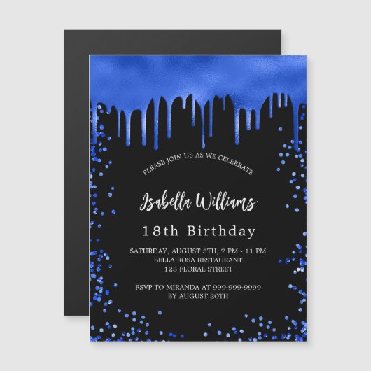 Birthday Black Royal Blue Tropfens Luxus Magneteinladung (Vorne/Hinten)