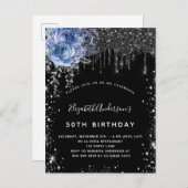 Birthday Black silber Glitzer Blau Einladungspostkarte (Vorne/Hinten)