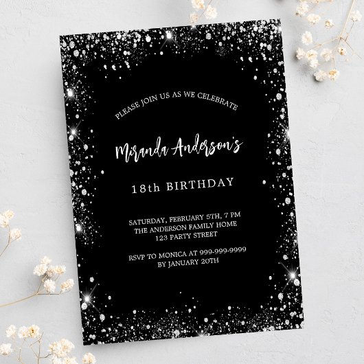 Birthday Black Silber Glitzer glamourös Einladungspostkarte