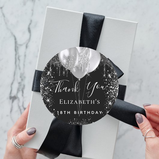 Birthday Black silber Glitzer Name Vielen Dank Runder Aufkleber