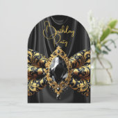 Birthday Black Silk Imitats Gold Jewel Paisley Einladung (Stehend Vorderseite)