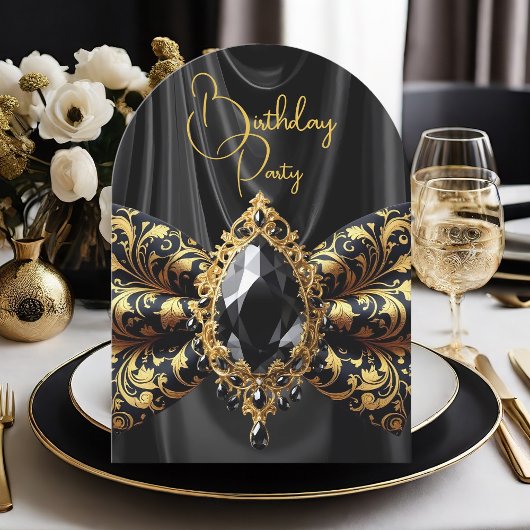Birthday Black Silk Imitats Gold Jewel Paisley Einladung