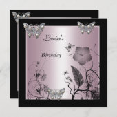 Birthday Black Silver Pearl Butterfly Party Pink Einladung (Vorne/Hinten)