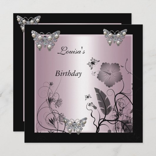Birthday Black Silver Pearl Butterfly Party Pink Einladung (Vorne/Hinten)