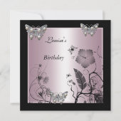 Birthday Black Silver Pearl Butterfly Party Pink Einladung (Vorderseite)