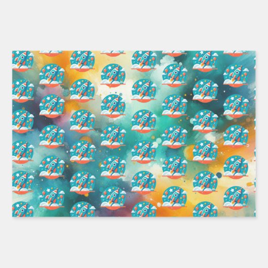 Birthday Blastoff: Rocket Ship Adventure Pattern Geschenkpapier Set (Vorderseite)