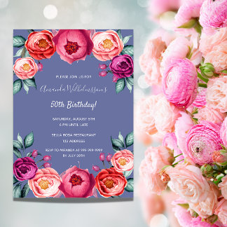 Birthday Blau Rosa Blüten Rosa Blumen elegant Einladung