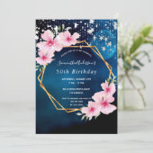 Birthday Blau Rosa Flora Gold geometrische Sterne Einladung (Stehend Vorderseite)