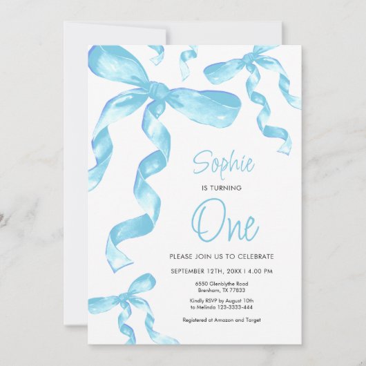 Birthday Blue Bow Einladung (Vorderseite)