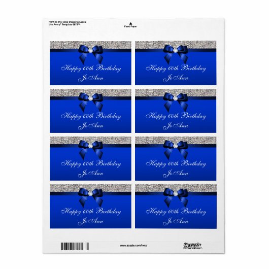 Birthday Blue Bow Silver Sequins Water Labels (Vorne)