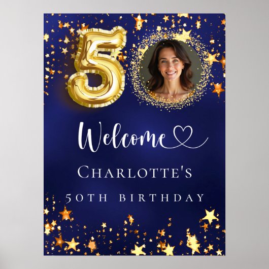 Birthday Blue Gold Stars Foto Empfang Poster (Vorne)