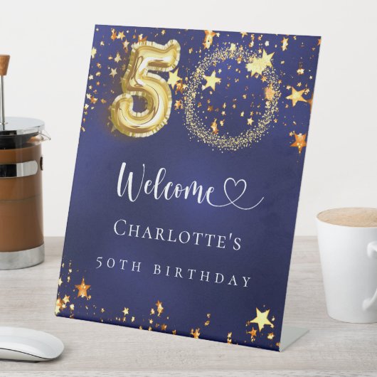 Birthday Blue Gold Stars Foto Empfang Sockelschild (In Situ)