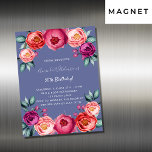 Birthday Blue Pink Blumen Magnet Einladung<br><div class="desc">Eine elegante Magnetkarte für eine 50. Geburtstagsparty (oder jedes Alter). Mit rosa,  lila und in Rose goldfarbenen Blume,  Blumen als Dekoration. Ein trendiger,  blauer Hintergrund. Der Name wird mit einem handgeschriebenen Stilskript geschrieben.</div>