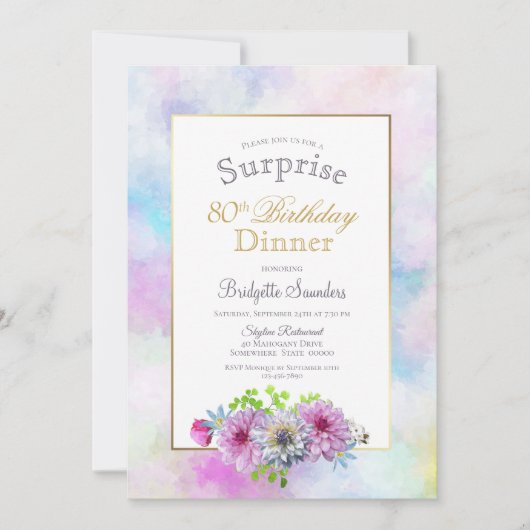 Birthday Blue Pink Floral Überraschungsdinner Einladung (Vorderseite)
