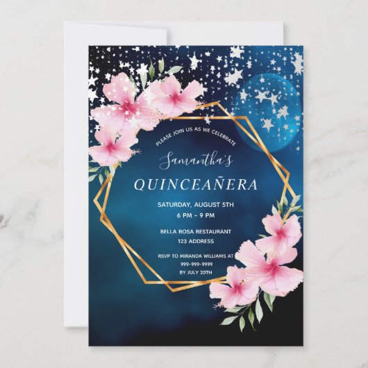 Birthday Blue Sky Sterne Rosa Blütengold geometris Einladung (Vorderseite)