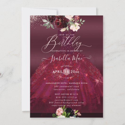 Birthday Blush Burgund Wasserfarbe Blume Einladung (Rückseite)