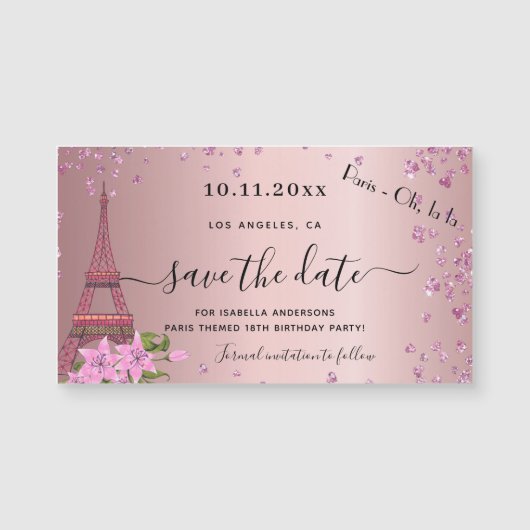 Birthday Blush Pink Paris speichern Datum Magnet (Vorderseite)