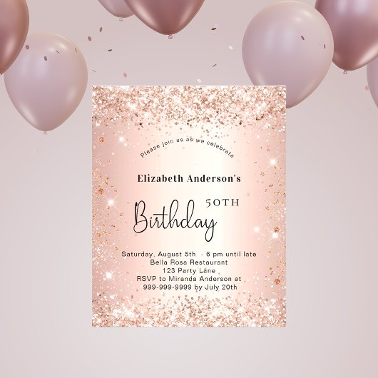 Birthday Blush Rose Gold Glitzer Einladung Flyer
