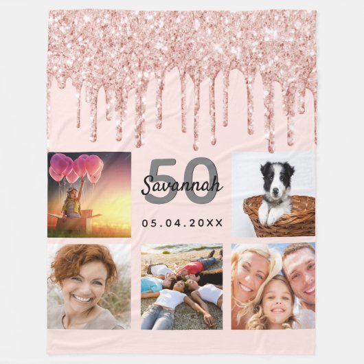 Birthday Blush Rose Gold Glitzer Foto Collage Fleecedecke (Vorderseite)
