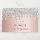 Birthday Blush Rose Gold Glitzer Tropfen Silber Schaumweinetikett (Einzelnes Label)
