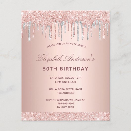 Birthday Blush Rose Gold Silber Einladung Flyer (Vorne)