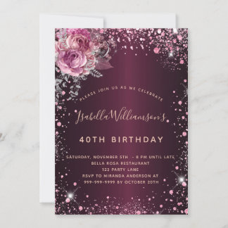 Birthday bordeauxrosa Glitzer Staub floriert Einladung