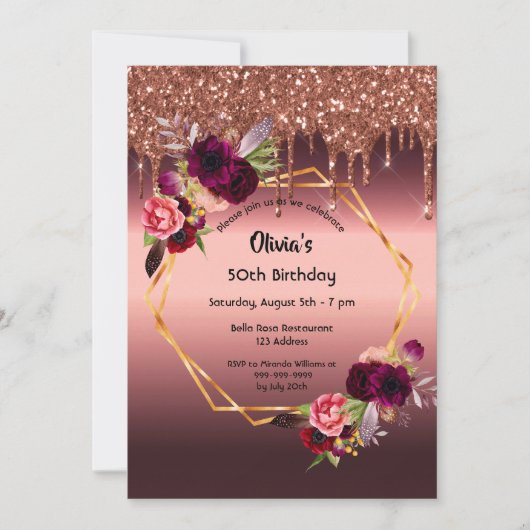 Birthday borundy Blume Glitzer geometrisch Einladung (Vorderseite)