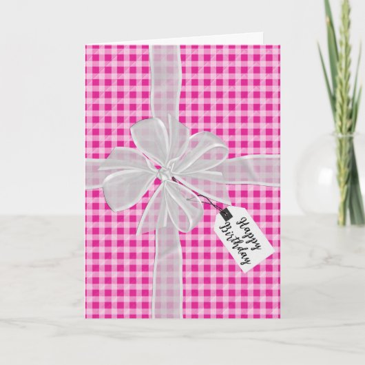 Birthday Bow on Pink Gingham Karte (Vorderseite)