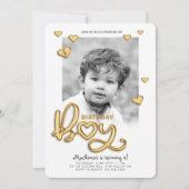 Birthday Boy Gold Foil Ballon Text Foto Einladung (Vorderseite)
