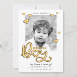 Birthday Boy Gold Foil Ballon Text Foto Einladung