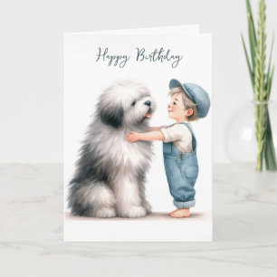 Birthday Boy Hugging Dog Watercolor Karte