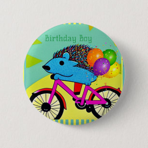 Birthday Boy Igel Reiten Bicycle Balloons Button