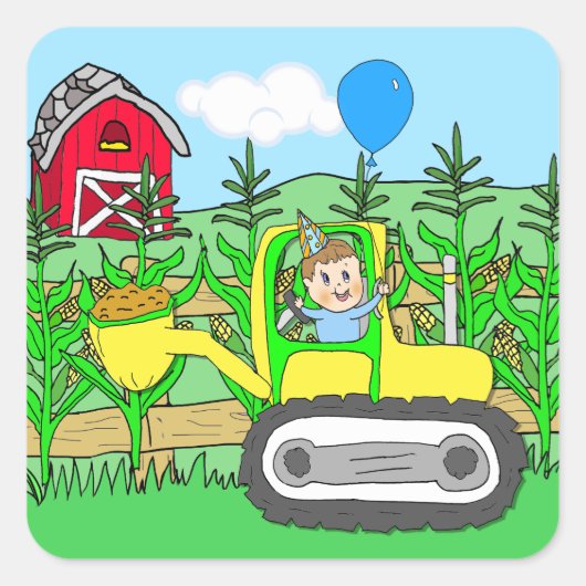 Birthday Boy mit Balloon in Tractor Quadratischer Aufkleber (Vorderseite)