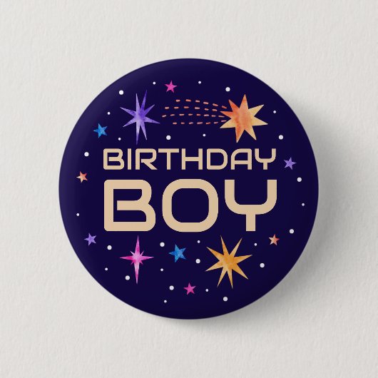 Birthday Boy Outer Space Stars Dunkel Lila Button (Vorderseite)