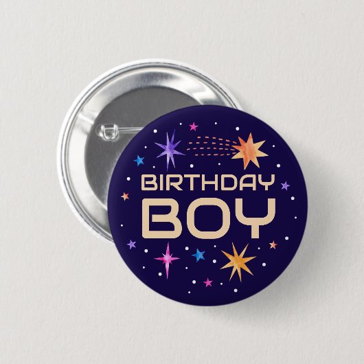 Birthday Boy Outer Space Stars Dunkel Lila Button (Vorne & Hinten)