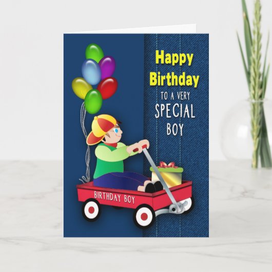 Birthday Boy Red Wagon und Balloons auf Denim Card Karte (Vorderseite)