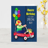 Birthday Boy Red Wagon und Balloons auf Denim Card Karte (Gelbe Blume)