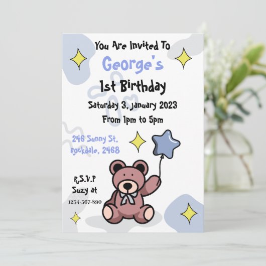 Birthday Boy Teddy Bear Einladung (Stehend Vorderseite)