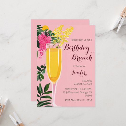 Birthday Brunch mimosa Aquarell Einladung (Vorderseite/Rückseite Beispiel)