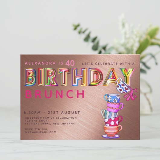 BIRTHDAY BRUNCH Rose Gold - JEDES ALTER lädt ein Einladung (Stehend Vorderseite)