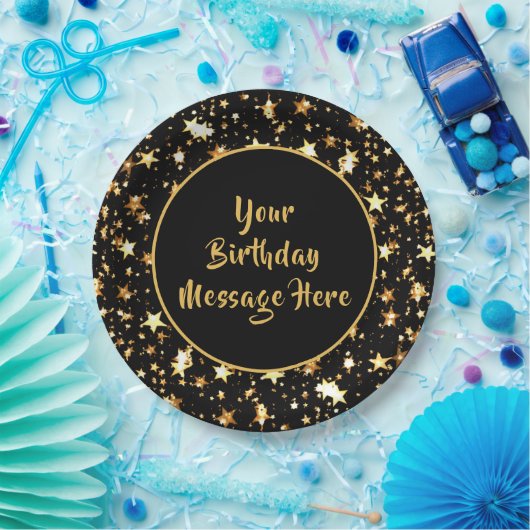 Birthday Brush Script Black Gold Stars personalisi Pappteller (Party)