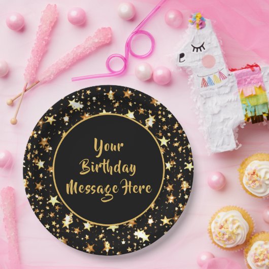 Birthday Brush Script Black Gold Stars personalisi Pappteller (Party)