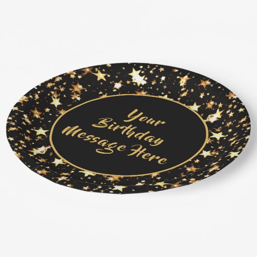 Birthday Brush Script Black Gold Stars personalisi Pappteller (Schrägansicht)