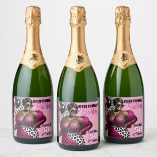 Birthday Bubbly Ethnic Woman Pink/Leopard Print Schaumweinetikett