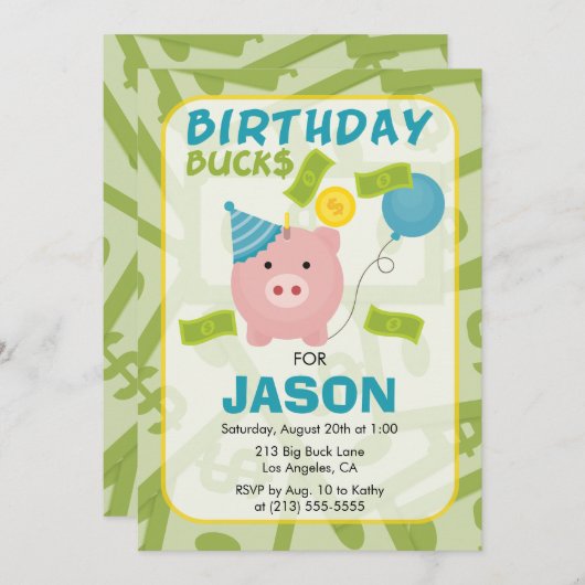Birthday Bucks Piggy Bank Boy Party Einladung (Vorne/Hinten)