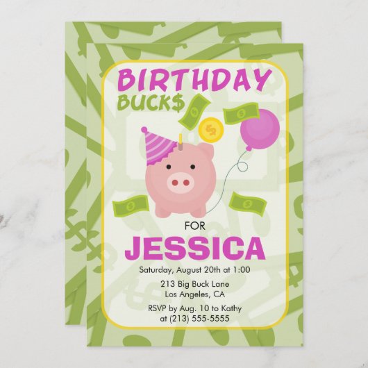 Birthday Bucks Piggy Bank Girl Party Einladung (Vorne/Hinten)
