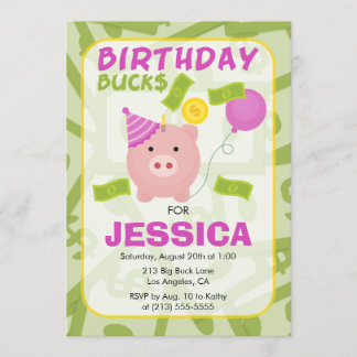 Birthday Bucks Piggy Bank Girl Party Einladung
