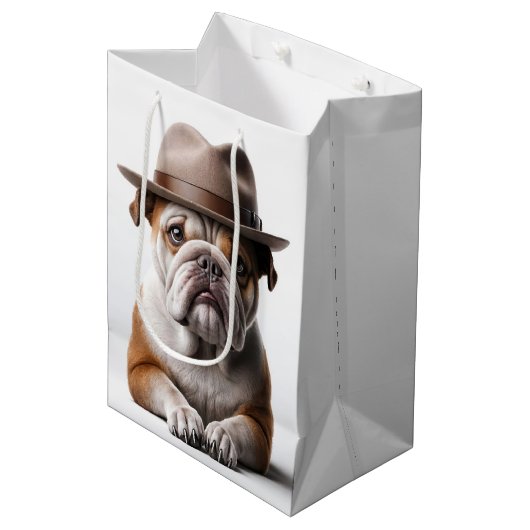 Birthday Bulldog Tragen einer Fedora Mittlere Geschenktüte (Vorderseite Schrägansicht)