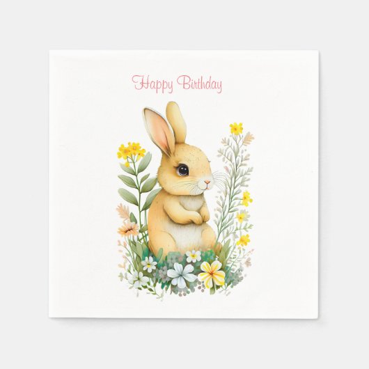 Birthday Bunny & Blume über White Napkins Serviette (Vorderseite)